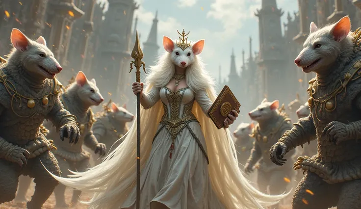 Rat queen from game "Ratopia" , white fur, armed by book, in roual dress, in big rat city, ее крысиная армия ведет бой с гигантскими антропоморфными вооруженными ящерицами