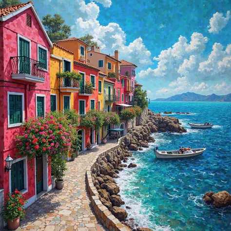 (Un  beautiful paisaje costero; Mar , old coastal houses, with many types of flowers and colors ), (happy), Eduardo Kobra stuffed, MULTIDIMENSIONAL GEOMETRIC WALL PORTRAIT, until, Chibi, yang08k,  beautiful, colorful,  masterpieces ,  top quality, accessor...