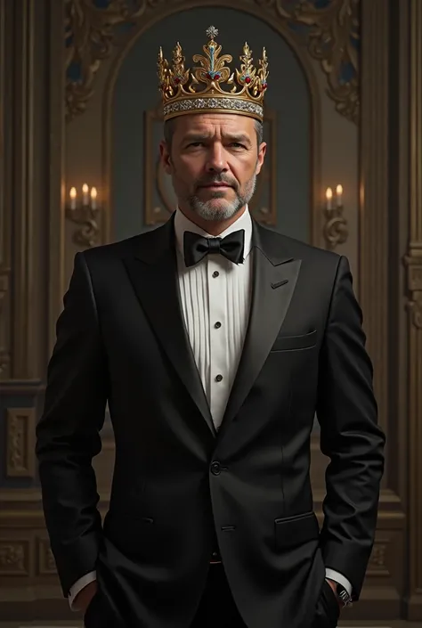 Man in a back suit with a crown on his head with a realistic back 