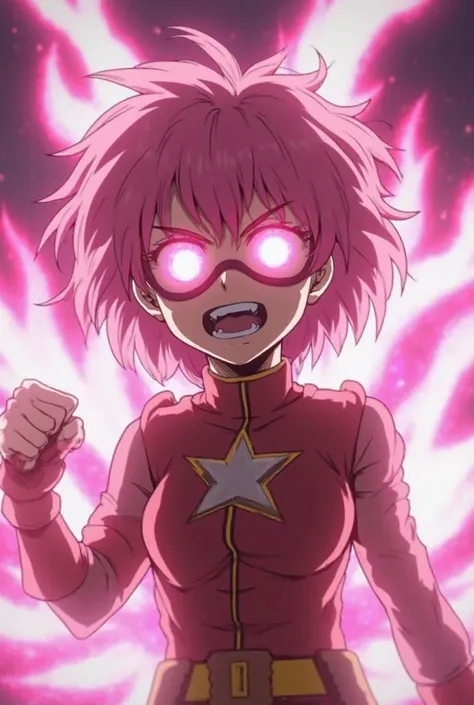 My Hero Academia screenshot a 28-year-old girl with pink hair, short and that she has a heroine costume and that her eyes are shining pink, as if they were two flames of fire and that it seems that she is with her fist in the air that she has pink flames a...