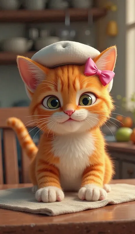 A realistic orange-haired cat, with expressive eyes and delicate mustaches,  he is in a cozy and well-lit kitchen . She wears a white cap on her head and a pink bow on her ear.  with a determined posture , is cleaning the table with a cloth, as if she were...