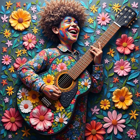 (A black guitar with white edges with many types of flowers and colors ), (happy), Eduardo Kobra stuffed, MULTIDIMENSIONAL GEOMETRIC WALL PORTRAIT, until, Chibi, yang08k,  beautiful, colorful,  masterpieces ,  top quality, accessories, until oficial,  beau...