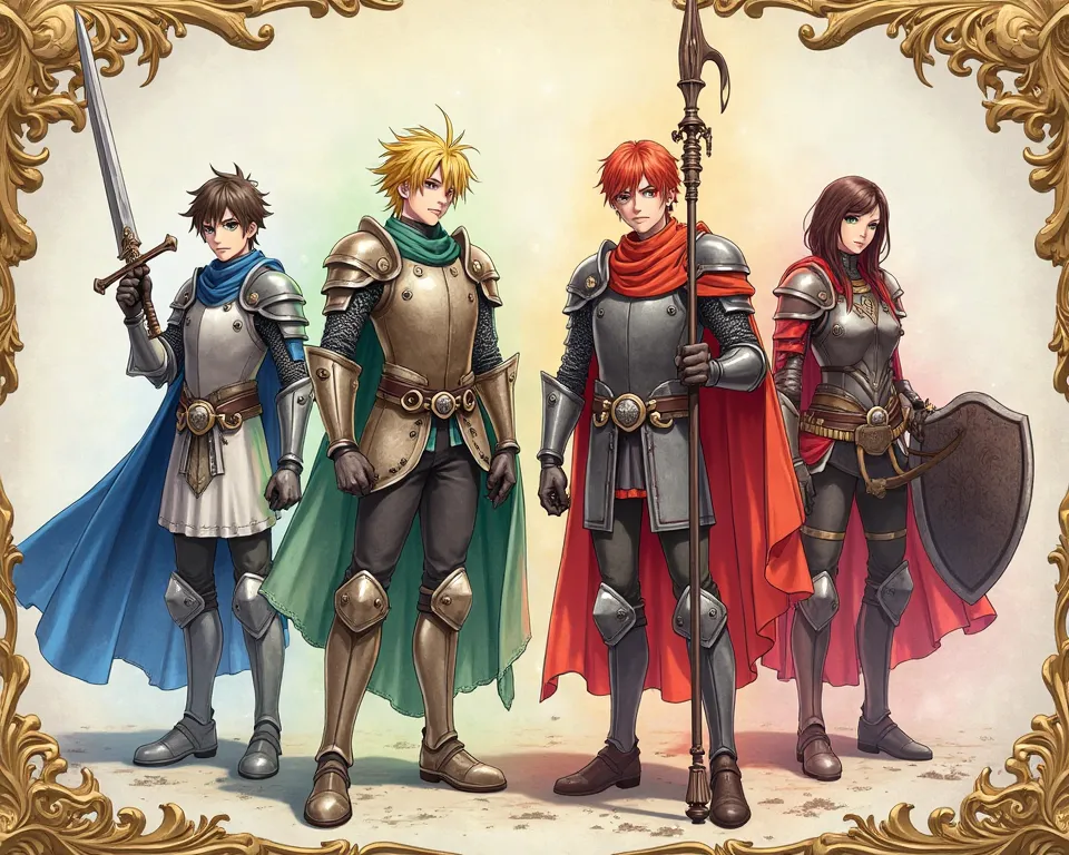 Chat,create an image of 4 cardinal heroes.
The first hero:he wears light armor and with a sword of a Hero,his hair is brown and his eyes are green,the tip of the sword is on the ground while the hero is holding the handle of the sword with the Two hands, t...