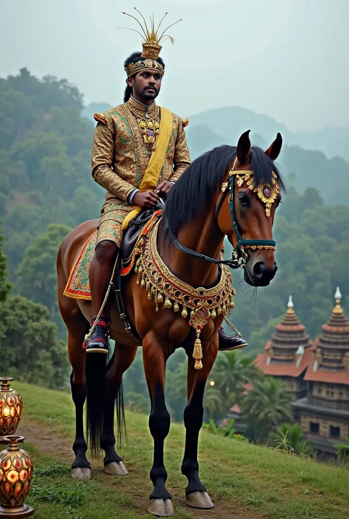 A majestic horse adorned with traditional Kandyan ceremonial decorations stands proudly, its muscles tense as if ready to charge. A Nilame, a nobleman from Kandy, sits elegantly atop the horse, dressed in a richly embroidered silk jacket, golden sash, and ...