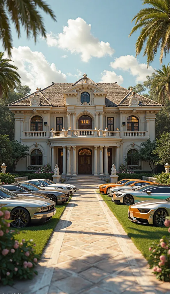 A realistic scene from a big exterior & luxurious house, where a collection of expensive cars outside at home, with a luxurious lifestyle.