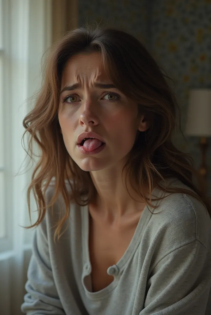 rich woman, brown brunette, tongue , Just with a sweatshirt , Looking hurt , in a normal well-lit room