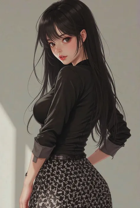 A cute white 16 yr japanese girl with curvy hips     
And she's C-cup and wearing a black shirt shirt or top and a skirt of black and giving a sex u pose like lifting herbhips