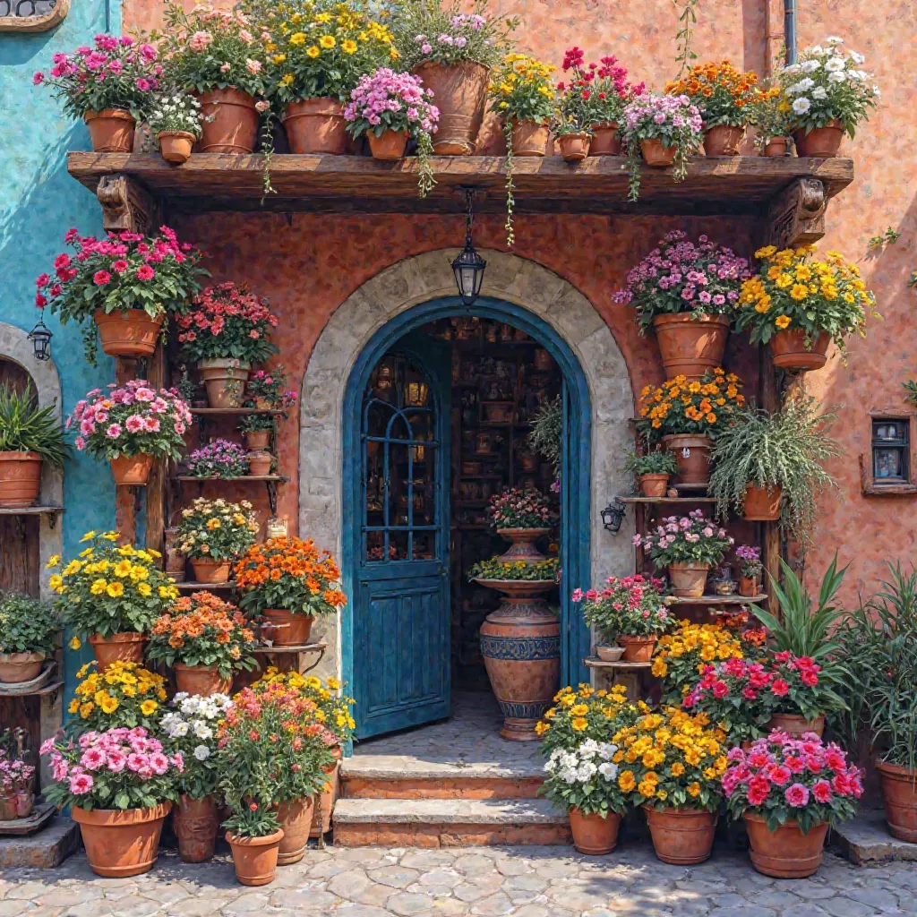 (Facade of a medieval Moroccan flower shop with many types of flowers and colors ), (happy), Eduardo Kobra stuffed, MULTIDIMENSIONAL GEOMETRIC WALL PORTRAIT, until, Chibi, yang08k,  beautiful, colorful,  masterpieces ,  top quality, accessories, until ofic...