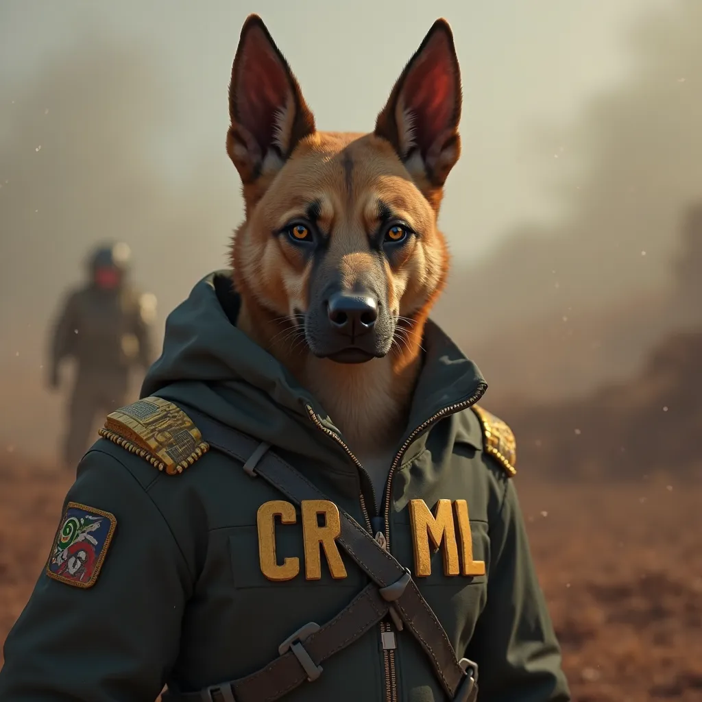 Character with the face of an Anubis dog, therefore, pointy ears, realistic animation. Está com uniforme militar therefore com colete tático com as letras CRML em amarelo. Background is a Battlefield. volumetric lighting, ultra realistic, mist 