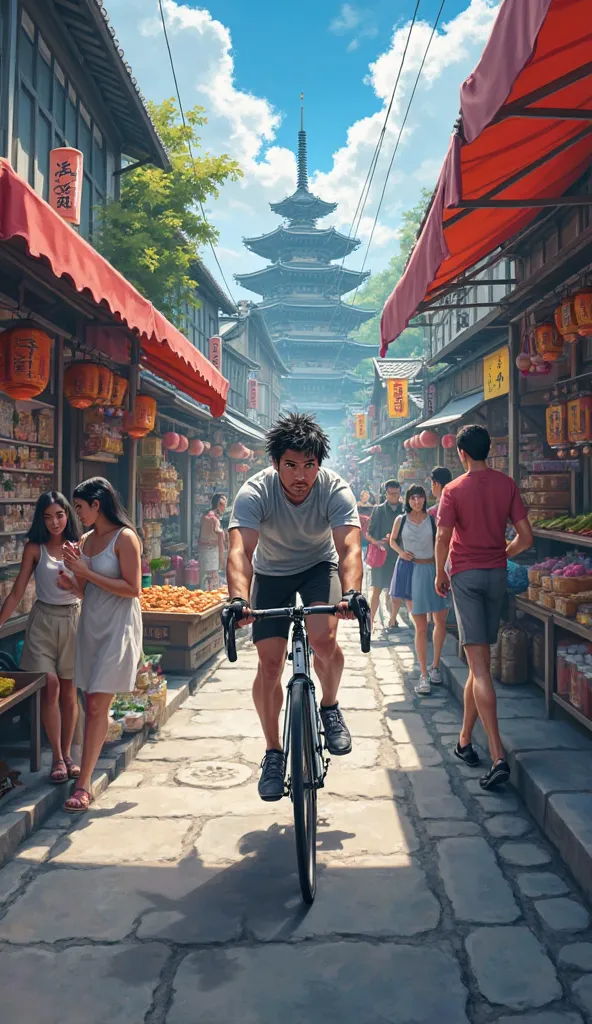 The image shows a thrilling scene from the perspective of a bicycle rider traversing japan a village market or pathway through a  villager. The path is flanked by market, and in the background.