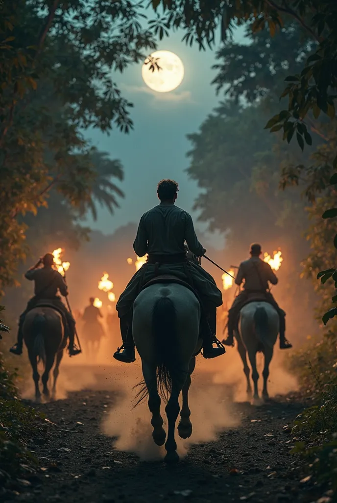 A nobleman in traditional Kandyan attire rides a galloping horse through a dense jungle path under the moonlight. His face is tense as he looks back, where torches and armed soldiers on horseback chase him. The scene is filled with urgency, with dust and l...