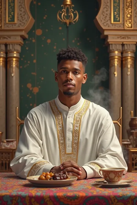 A picture of Vinicius Junior wearing a white jalabiya and sitting at a Ramadan table