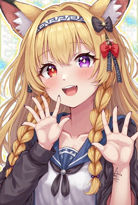 1 girl, textured skin,  work of art,  blond hair ,  long hair , fringe,  big boobs,  animal ears,  Cross Fringe , fox ears, Star Eyes,  Cross Fringe  Croissants,  Cross Fringe  Croissants, Reddened, smile, Purple Eyes,  Halted lips , Language, Dent, Fond s...