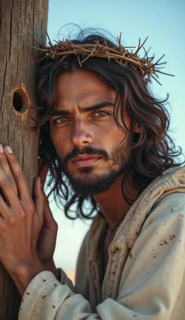 A young man with a serene and profoundly moving appearance, with features that recall the figure of Jesus. His brown eyes are striking, reflecting a mixture of sadness and compassion that touches the soul of those who observe him. Her long and wavy hair fa...