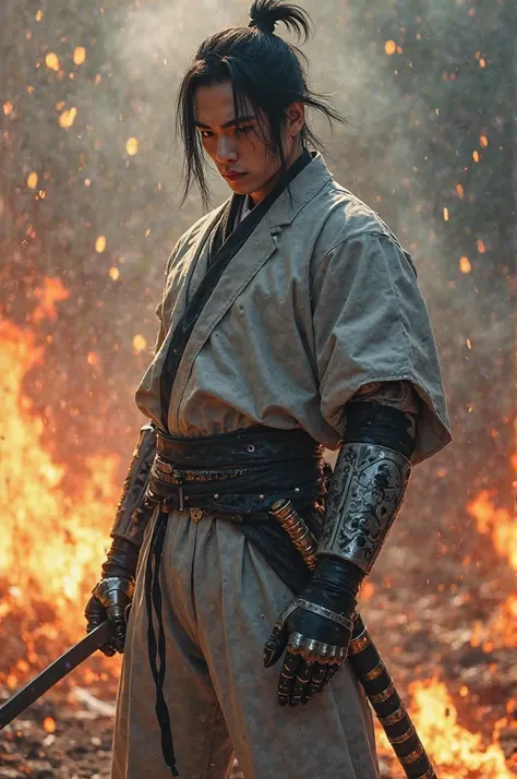 Make a Japanese man with black hair with white details with a small ponytail hairstyle that wears a mechanical arm with the gray jacket with the sounds of fire and gray pants with the tones of fire and a sword