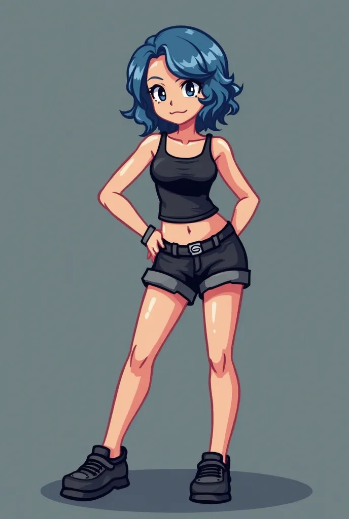 Superman e Batman emCreate a Pokémon Fire Red (GBA) style sprite of a female character with short, wavy blue hair down to her shoulders. She wears a black tank top, black shorts and black crocs, which resemble sneakers in shape. The design should follow th...