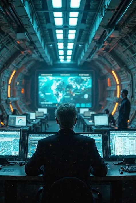 A mysterious billionaire in a high-tech underground base filled with futuristic monitors, secret vaults, and hidden escape routes. They are monitoring world events on large digital screens with a serious expression.