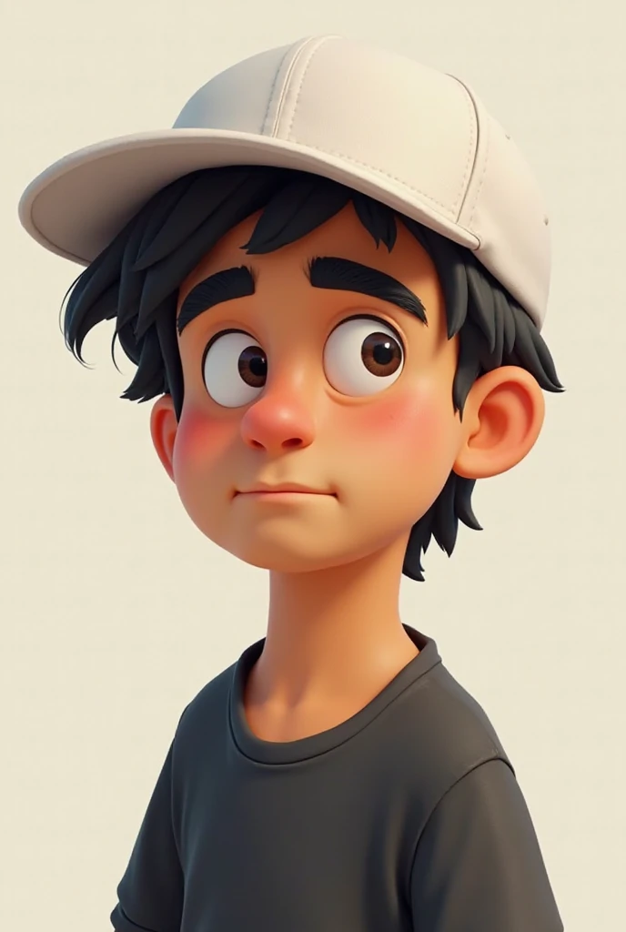 Create a cartoon-style character for an animation, he has black hair, wears a white cap, a black shirt and has a tan skin color, slightly wide eyebrow and slightly large eyes 2D character paper cartoon style