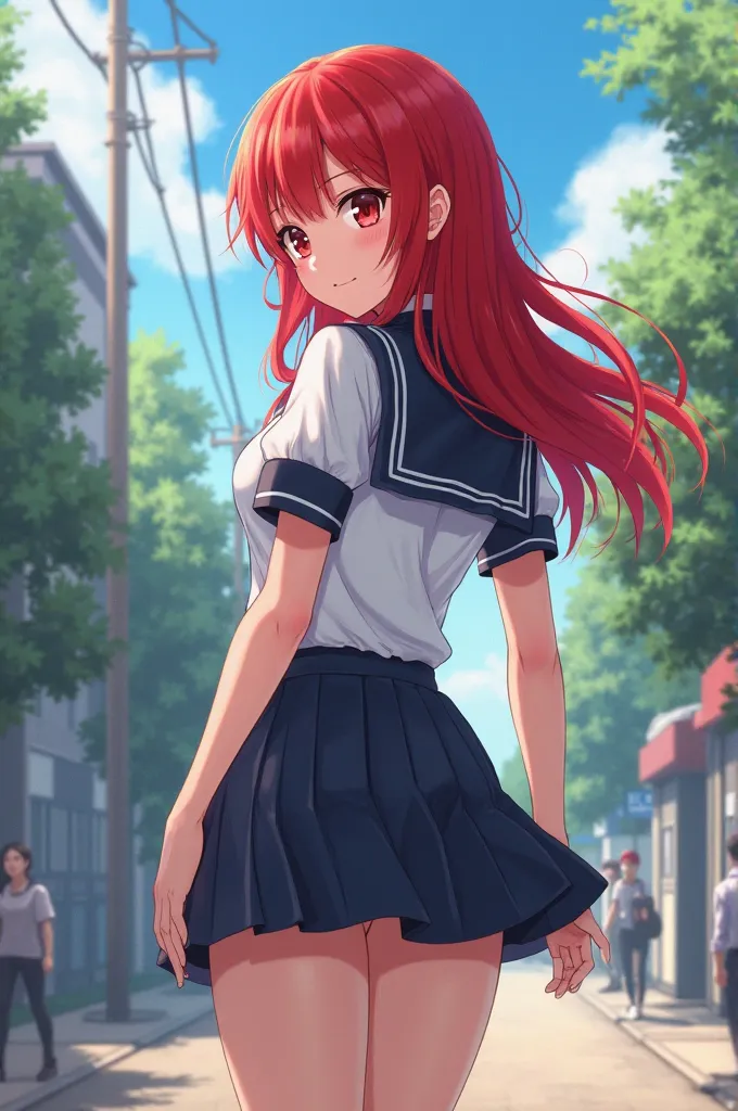 Anime girl big breasts miniskirt with red hair schoolgirl goes home from school