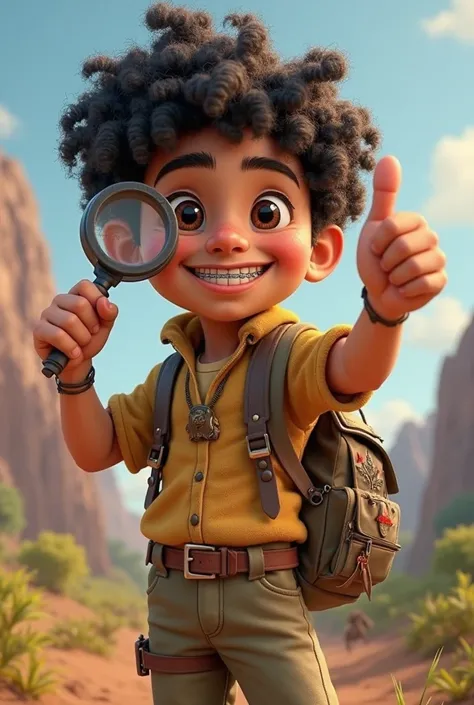 Turn it into a Disney-like animation, Similar and smiling character, with a magnifying glass in one hand and a sign with a raised thumb, explorer's clothing and travel backpack, with a map in the side pocket of the backpack, curly and paler hair with denta...