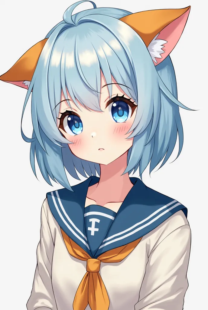  A 15-year-old Neko boy with a feminine appearance ,  Anime style.  He has light blue hair with an orange tuft that falls on his forehead , and big blue eyes that stand out for their sweetness . She dresses like a schoolgirl . 