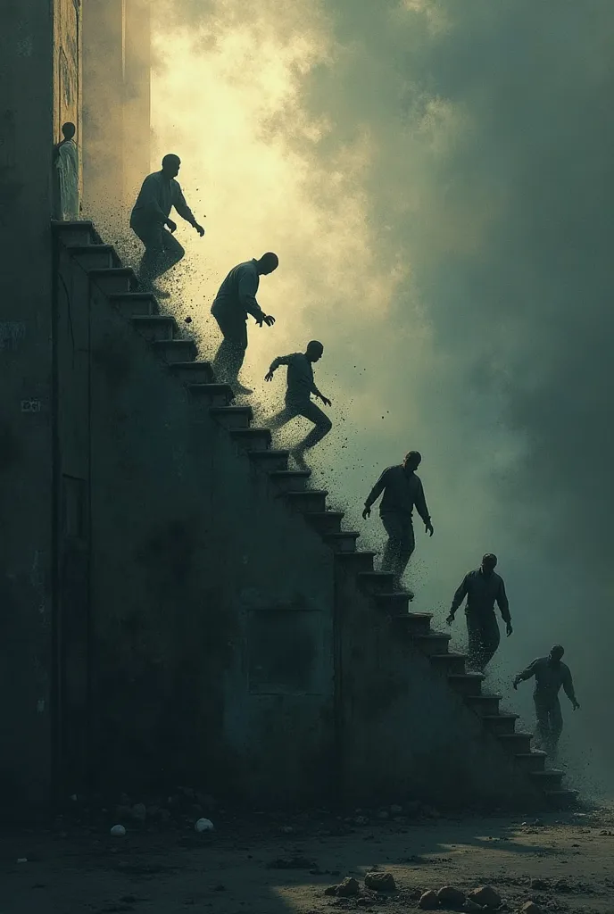 I want an image for a book cover that talks about the gradual application of Sharia.  
The cover idea:  
An image of a high staircase with several people tumbling down violently and painfully... with a dark background, such as a cloudy sky.  
Note: I want ...