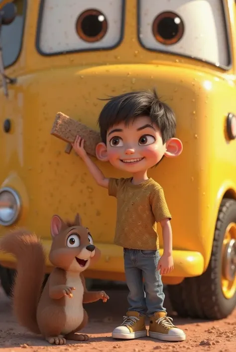 A 3D animated Disney Pixar style close-up view of the one  and boy and animals standing in front of an animated yellow coloured bus with big eyes and mouth.. A boy aged 6-7 wipes a big muddy spot on the bus with his sponge, revealing the shiny yellow color...