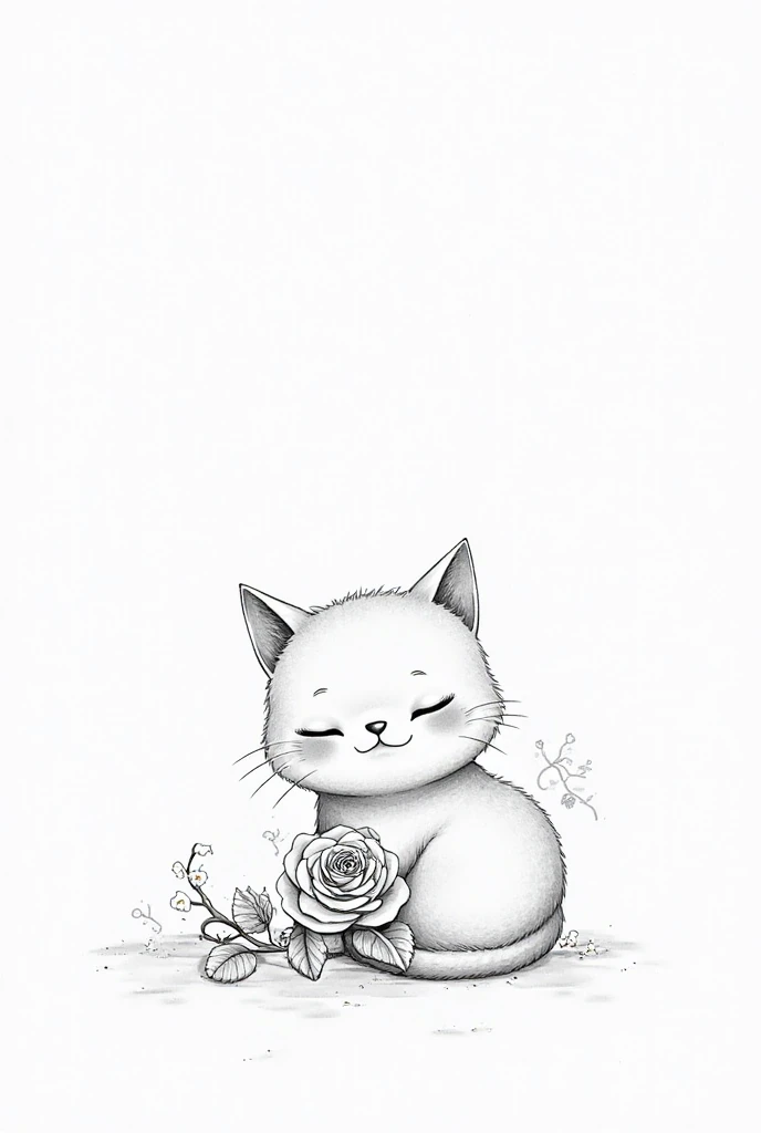 Simple and beautiful drawing of a cute and cuddly cat with a rose on its legs to color in black and white and make it look