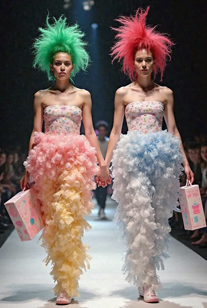 2 Indonesian models wearing unique clothes made from rolls of bathroom tissue, carrying tissue boxes in their hands, walking hand in hand around the stage with funky hairstyles colored green, red, blue, purple, high up, a strange look radiating from the tw...