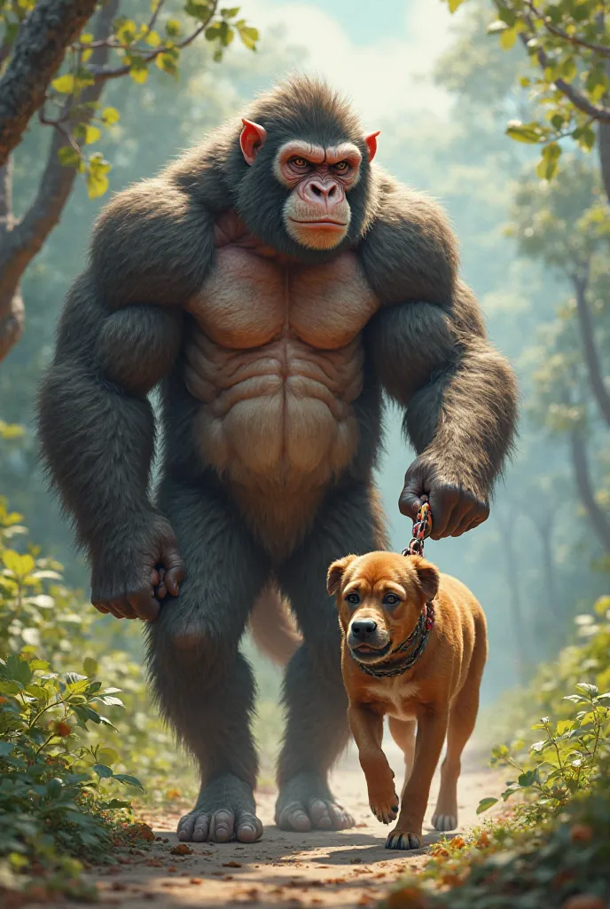 muscular monkey walking a dog with a leash