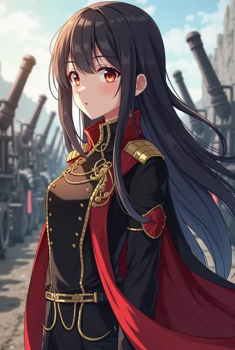 Lady Neravia of Dominion of Neravia Leader Portrait,16y.o, Anime art style, Uniform, Long Black Hair, Black-Red Uniform, Side View, One sided Black-Red-Gold Cape, Artillery Background