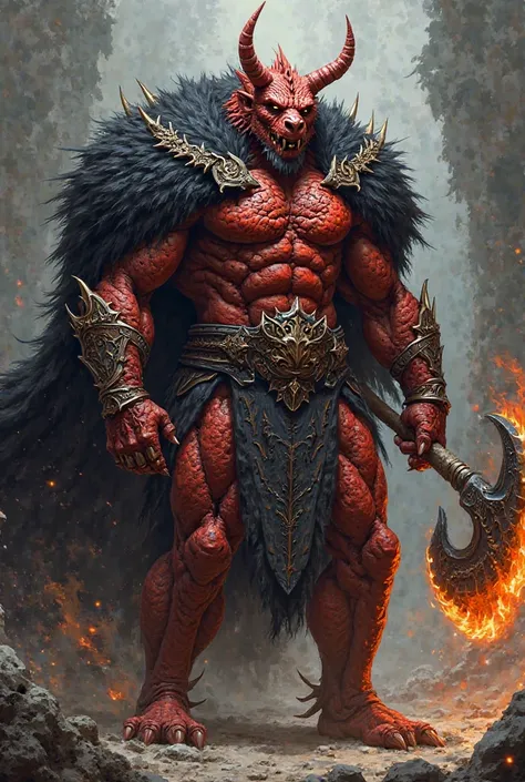 Berserker in red dragon armor, holding a big fire axe and on his shoulders a cloak of black bear skin.  Berserker red dragon armor