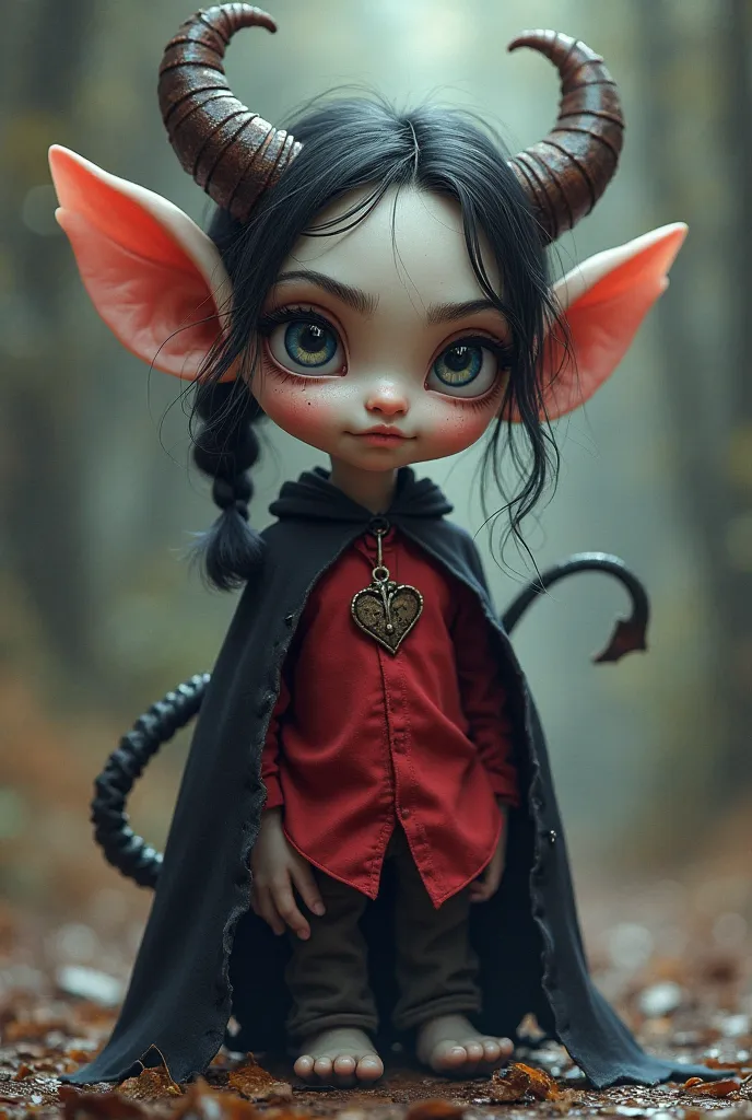 An imp,with pale skin,with regular horns,with black hair are braided in a pigtail and loose bangs ,with blue eyes,in a red shirt and a black gland. With a devil's tail. Height 148.  Paren 