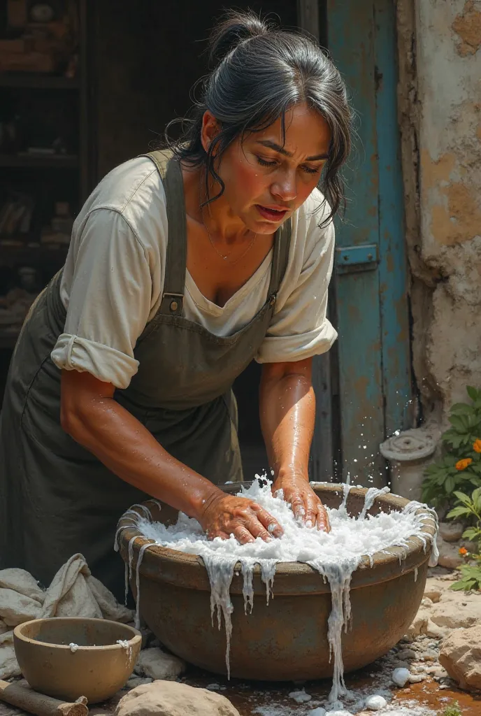 A 35 years old women washing clothe by bending down
