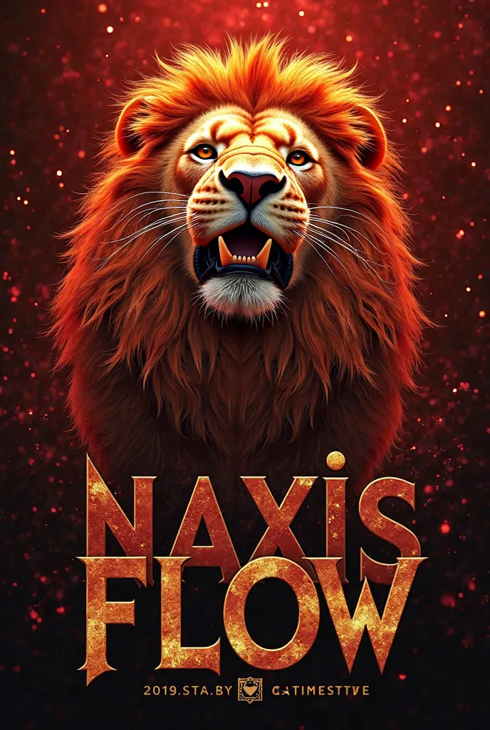 create an image of a stage name as if it were for the weekend of a song in gold and red with the names LIONX and NAXIS FLOW, Do it with lions and vanes bolanto on the sides so that the whole image is full of things