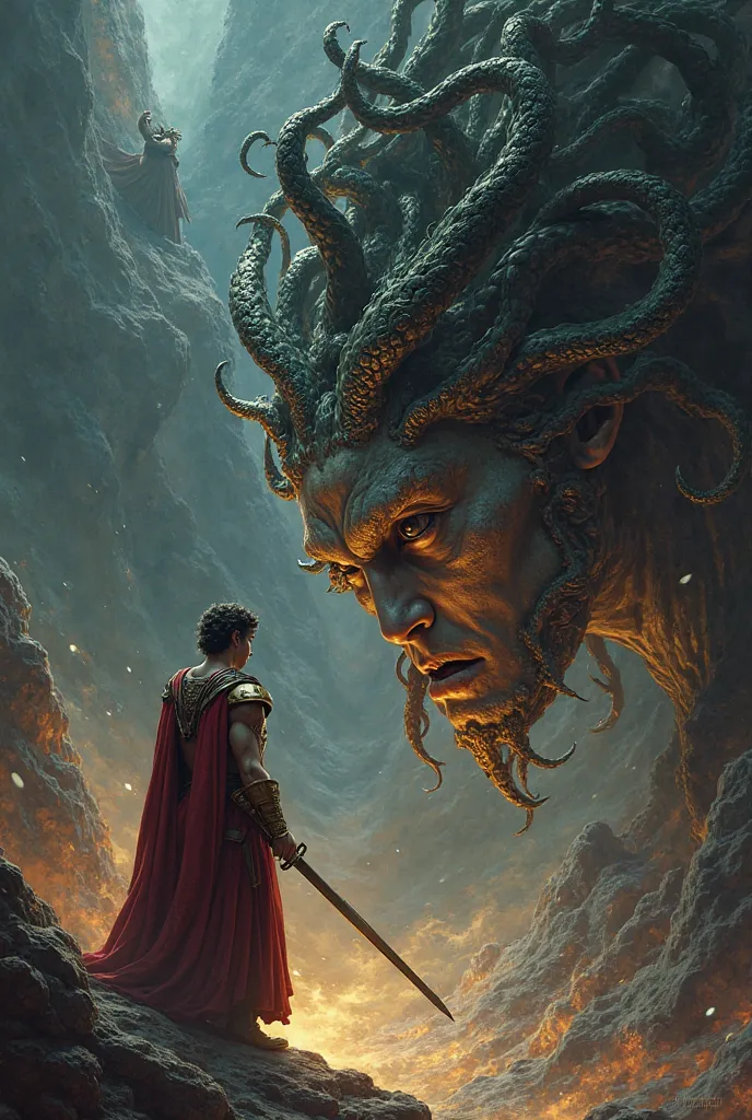  a movie or video game-style poster featuring Perseus confronting Medusa in human form , Being a woman, And above the image put an image of the king of Seriphus as if watching Perseus against Medusa