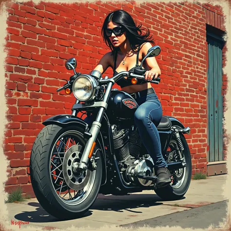  Girl riding a motorcycle、against an old red brick wall、standing in chrome ,  On the wall、general style retro poster with topless chest in front of bike   "DEVIL DRIVER Pervomaisque"  street art style   , generic style retro poster  