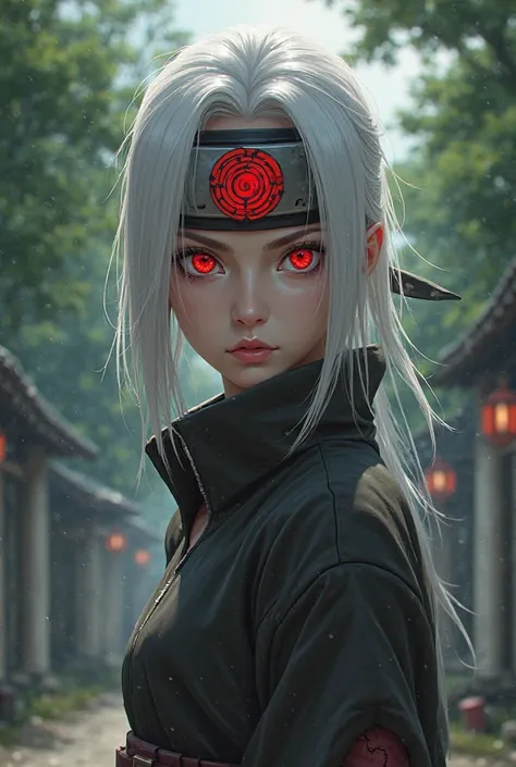 Naruto Shippuuden's character: White-haired woman with Sharingan and headband from Aldeia da Folha 