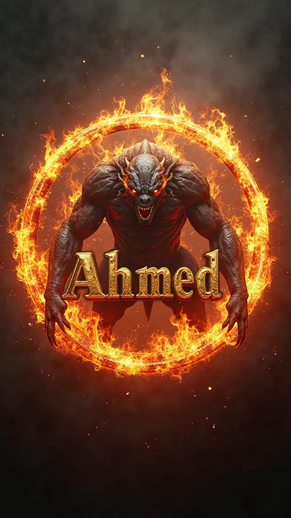  Create a round-shaped 3d logo with the name 
 AHMED in gold color, combined with and Tunisian flag and a monster surrounded by fire High Resolution, with a majestic mysterious background 