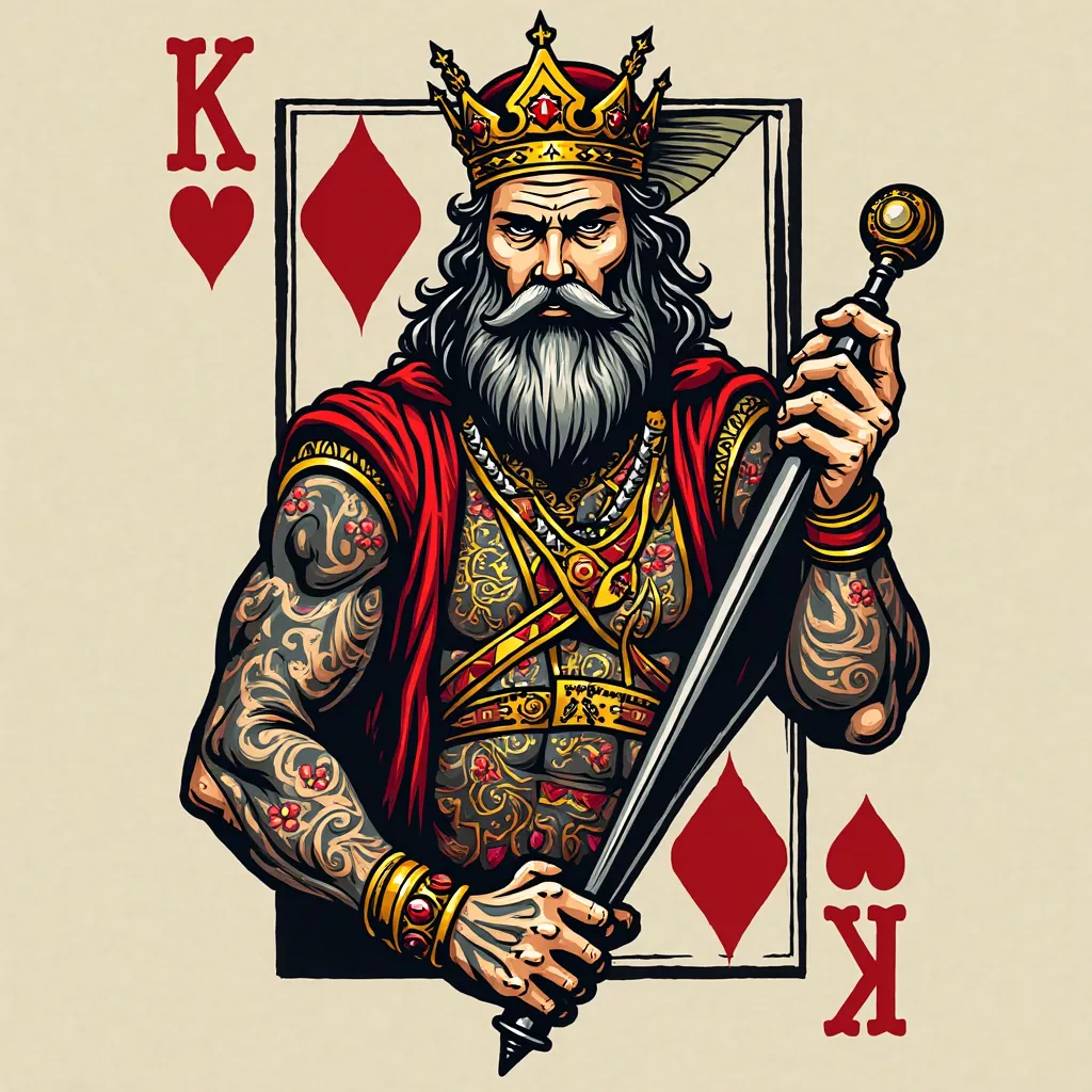 A logo where a king of golds partially emerges from inside the playing card, with a confident AND INTIMIDATING expression,  tattooed body , holding a tattoo machine as if it were a modern scepter.  at the bottom , Lens In the foreground,  A written track  ...