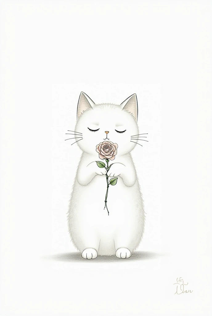 Simple and simple drawing of a cute cat with a rose on its paws in black and white