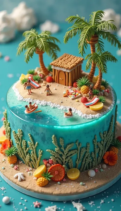 Ocean Paradise Cake
"A breathtaking 5D ultra-realistic cake shaped like a tropical island, surrounded by crystal-clear edible waves. Miniature real humans sunbathe on sandy shores, while tiny boats float on sugar-glass water. A diver explores coral reefs b...