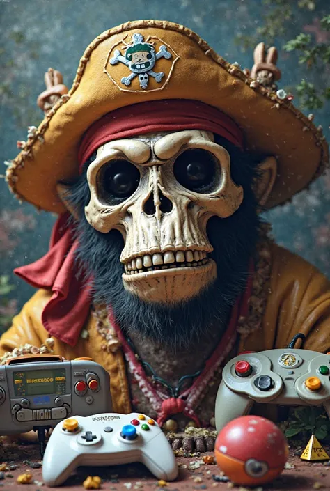 Pirate chimpanzee skull flag with Luffy hat , a Nintendo 64 controller and an Xbox controller around it, a Pokeball and the symbol of Zelda's triforce