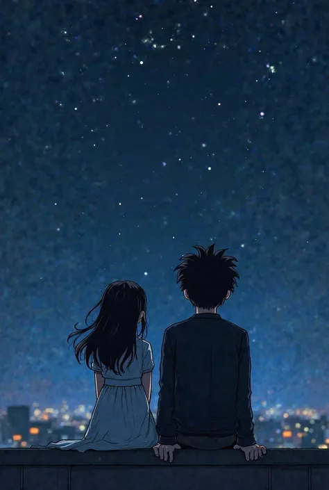 A boy and a girl sitting on the roof of a building with their backs, stargazing during the dark night, the girl is wearing a white dress and her black hair is loose, And the boy wears a black jacket and his hair is curly and black 