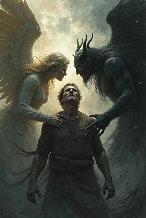 Draw me a struggle between the good angel and the devil angel through man 