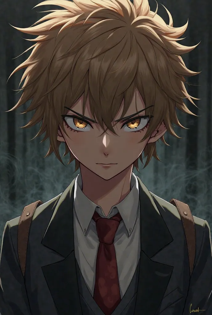 Danganronpa style character man's serious face and messy light brown hair