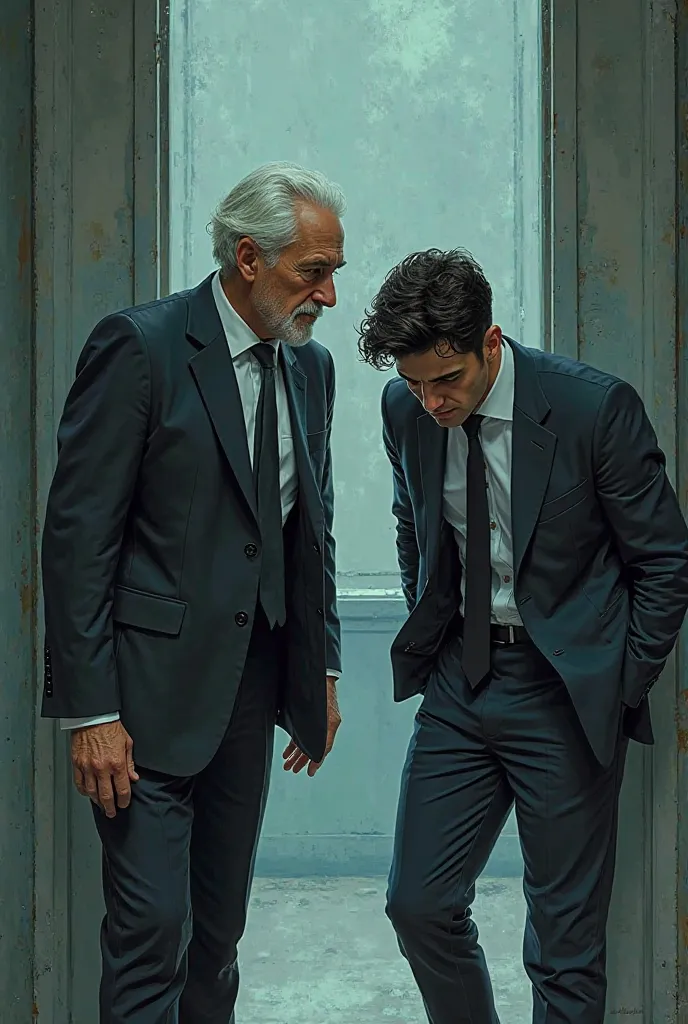 Two men in suits looking for something in a building
1 person is in their 60s　The other one is in his early 20s　I'm bending over and looking
With illustrations