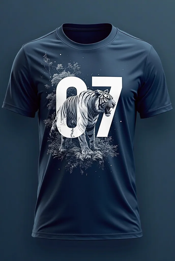 Make a dark blue American soccer style sports t-shirt with the number 07 in the middle and a well-structured drawing of a tiger on the left side of the number (The size of the number or smaller)