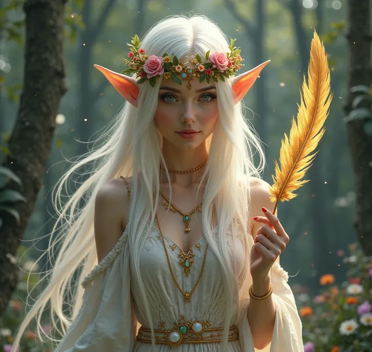 Beautiful Elf Queen .. Goddess of the Forests .. long straight white hair .. her eyes as blue as stars . She wears a beautiful dress ..She wears a flower crown .. He has in his hand the Book of Life .. And on the other hand a golden feather ..