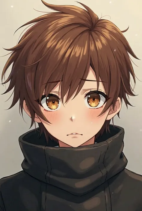 Chestnut hair is brown and blond. It has a strange color, but on one side and a few sharp highlights, but his eyebrows are normal and there is no interest, but something that attracts her with a black coat. A age boy painted it in the style of a manga anim...